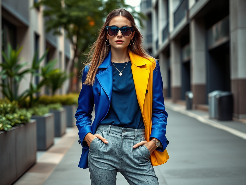 Une femme élégante porte un manteau bleu et jaune, des lunettes de soleil, dans une rue urbaine moderne.