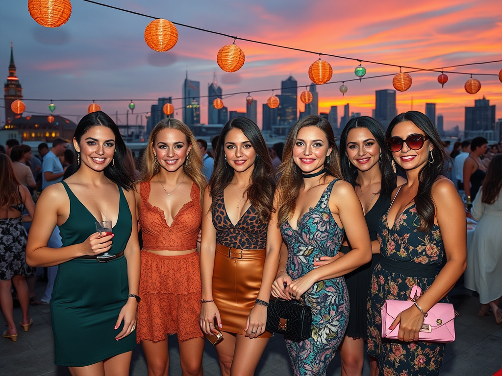 Six femmes souriantes posent sur une terrasse animée, avec une vue sur la ville au crépuscule et des lanternes suspendues.