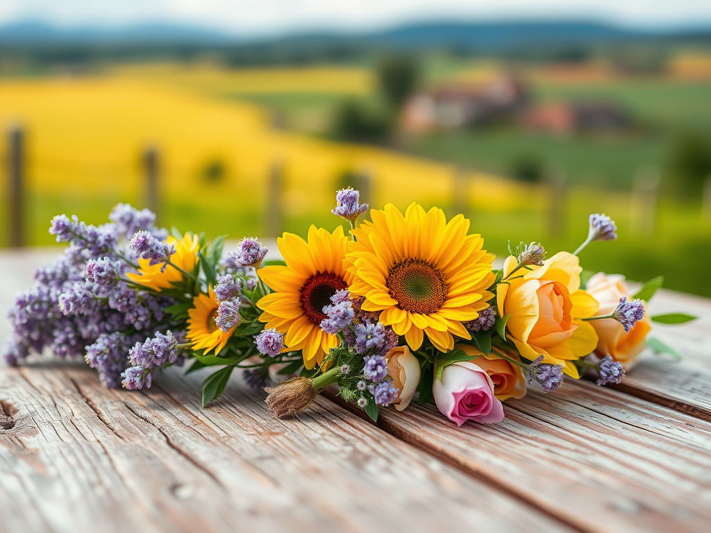 Un arrangement de fleurs colorées, incluant des tournesols, sur une table en bois, avec un paysage verdoyant en arrière-plan.