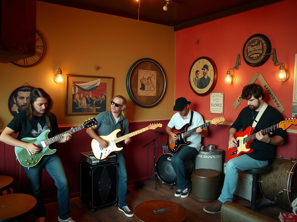 Quatre musiciens jouent de la guitare dans un café, avec une ambiance rustique et des décorations murales.