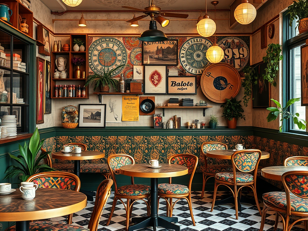 Une ambiance chaleureuse dans un café, avec des tables en bois, des chaises décorées et des plantes vertes.