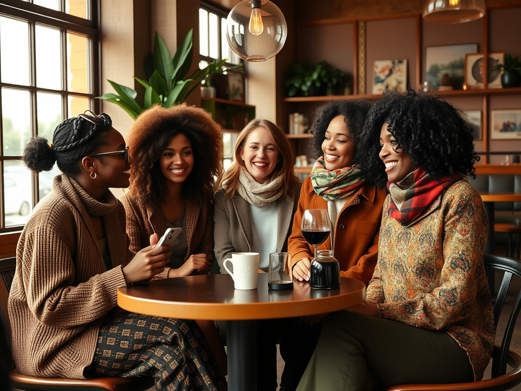 Cinq femmes souriantes discutent autour d'une table dans un café chaleureux, savourant des boissons chaudes.