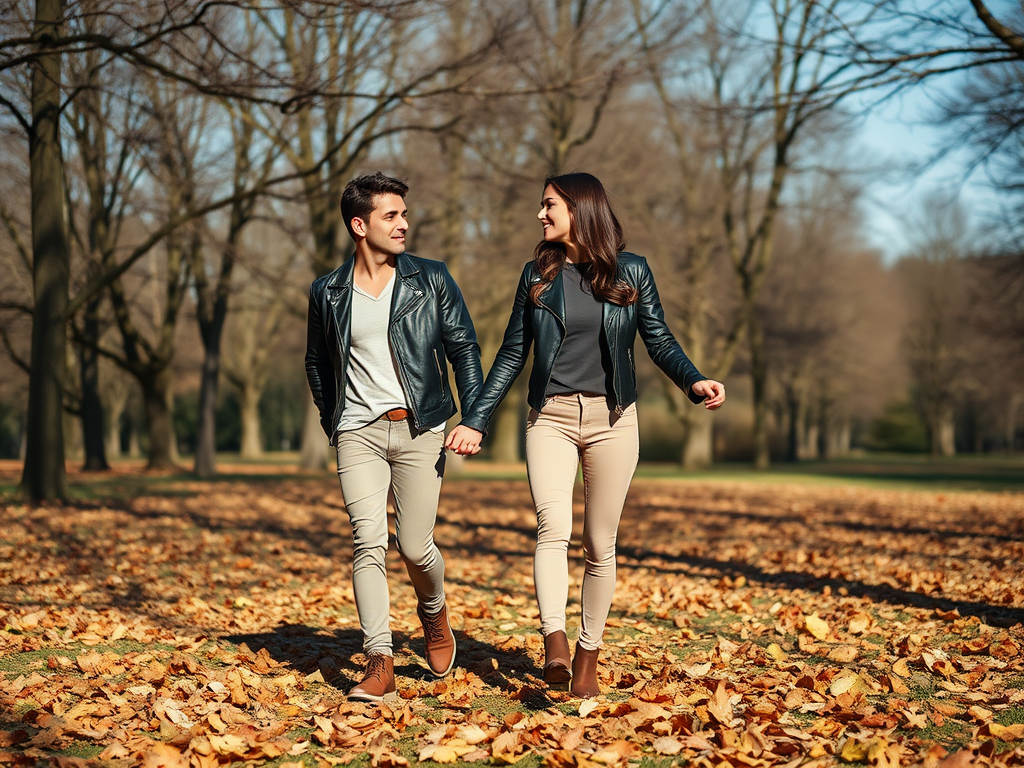 Un couple se promène main dans la main dans un parc par une belle journée d'automne, sur un tapis de feuilles.