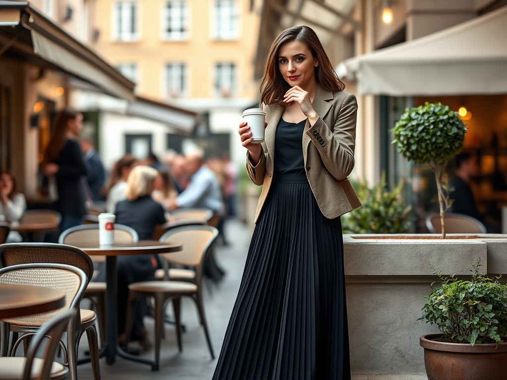 Une femme élégante tient un café, vêtue d'une robe noire et d'un blazer, dans un café animé.