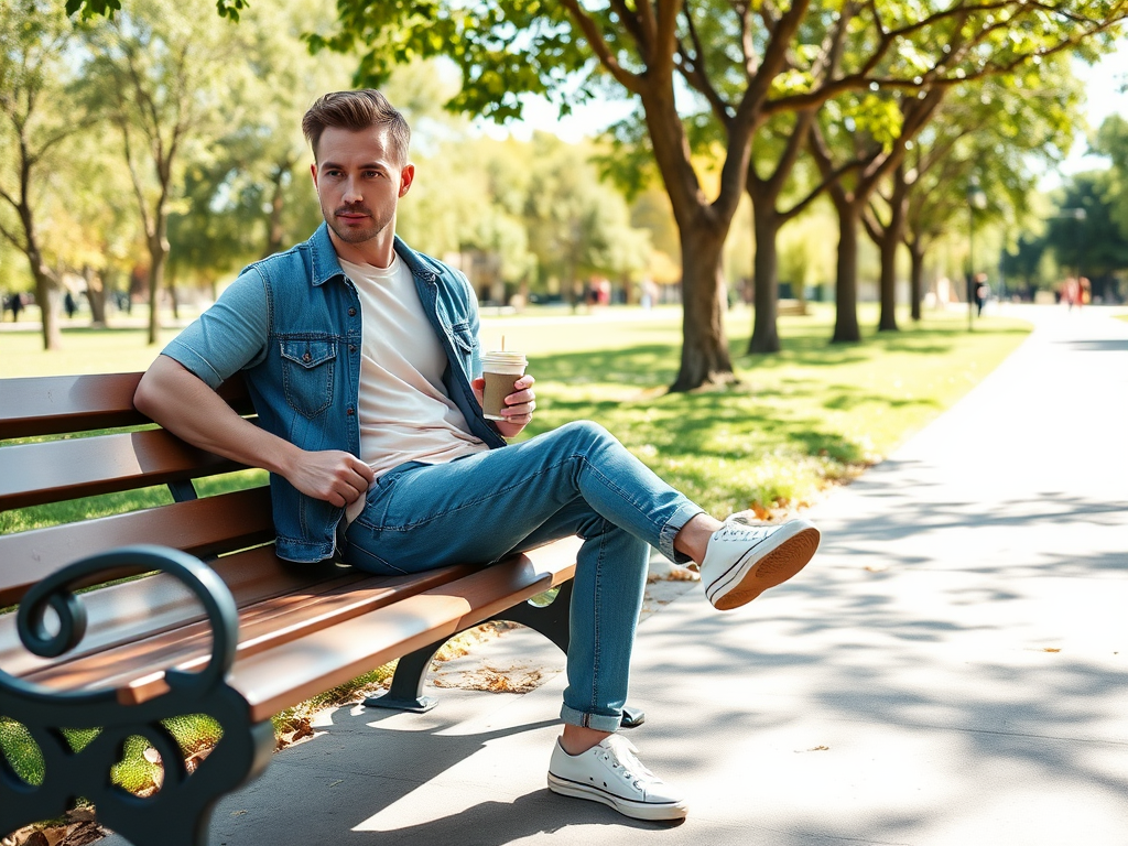 Un homme assis sur un banc dans un parc, tenant une boisson, entouré d'arbres et de verdure. Journée ensoleillée.