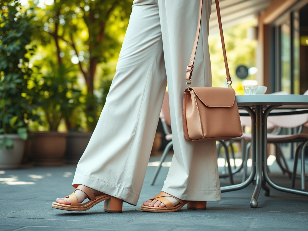 Une personne porte un pantalon blanc, des sandales en bois et un petit sac à main beige, se tenant près d'une table.