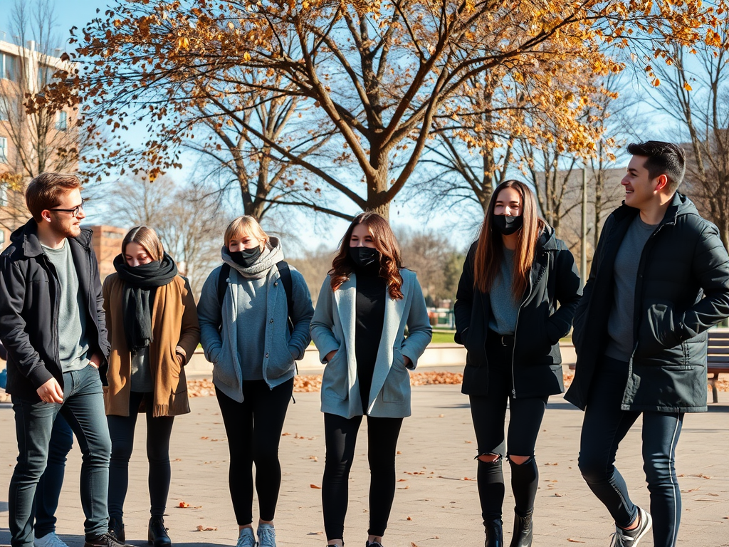 Un groupe de six jeunes marche ensemble, souriant, portant des masques et des vêtements d'automne, sous un arbre.