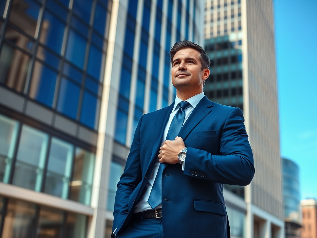 Un homme d'affaires en costume bleu, debout devant des bâtiments modernes, affichant une attitude confiante.