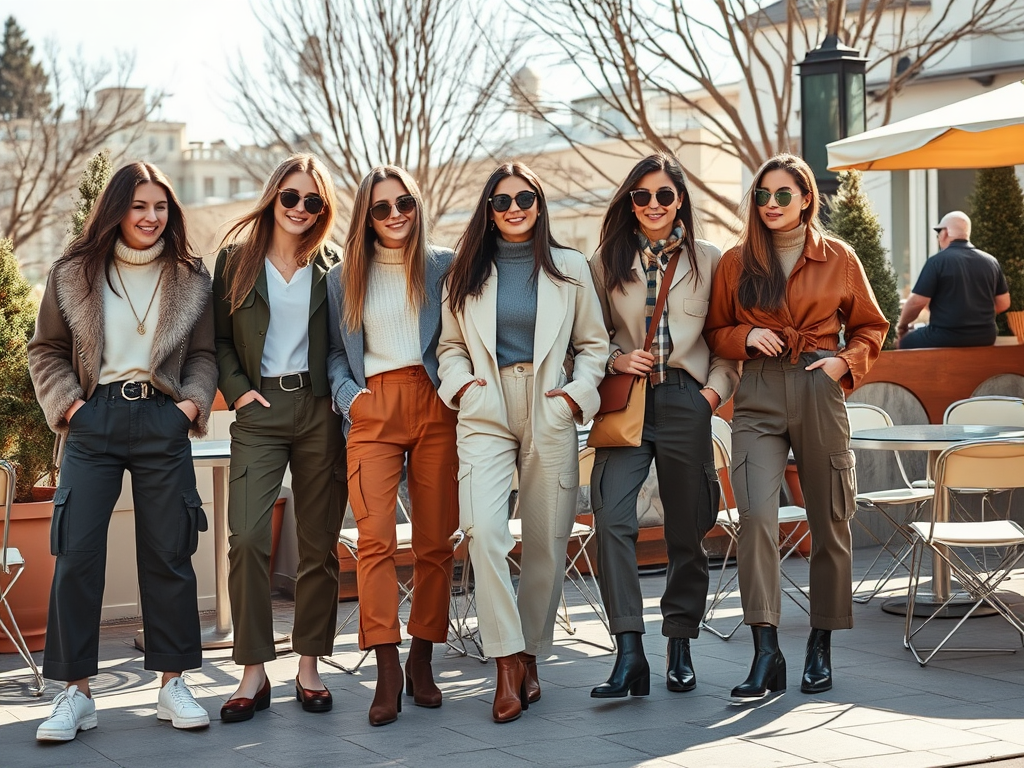 Six femmes élégantes se tiennent côte à côte à l'extérieur, portant des tenues d'automne stylées et des lunettes de soleil.