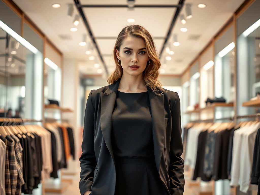 Une femme élégante porte un costume noir dans une boutique moderne avec des vêtements exposés en arrière-plan.