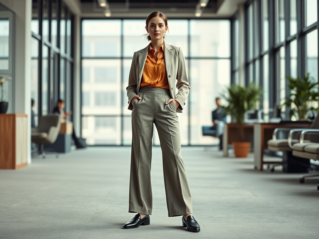 Une femme en costume élégant se tient debout dans un bureau moderne, entourée de grandes fenêtres.