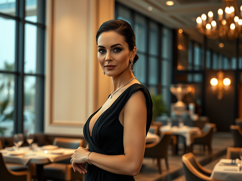 Une femme élégante en robe noire pose dans un restaurant chic, avec des lumières au plafond et des tables dressées.