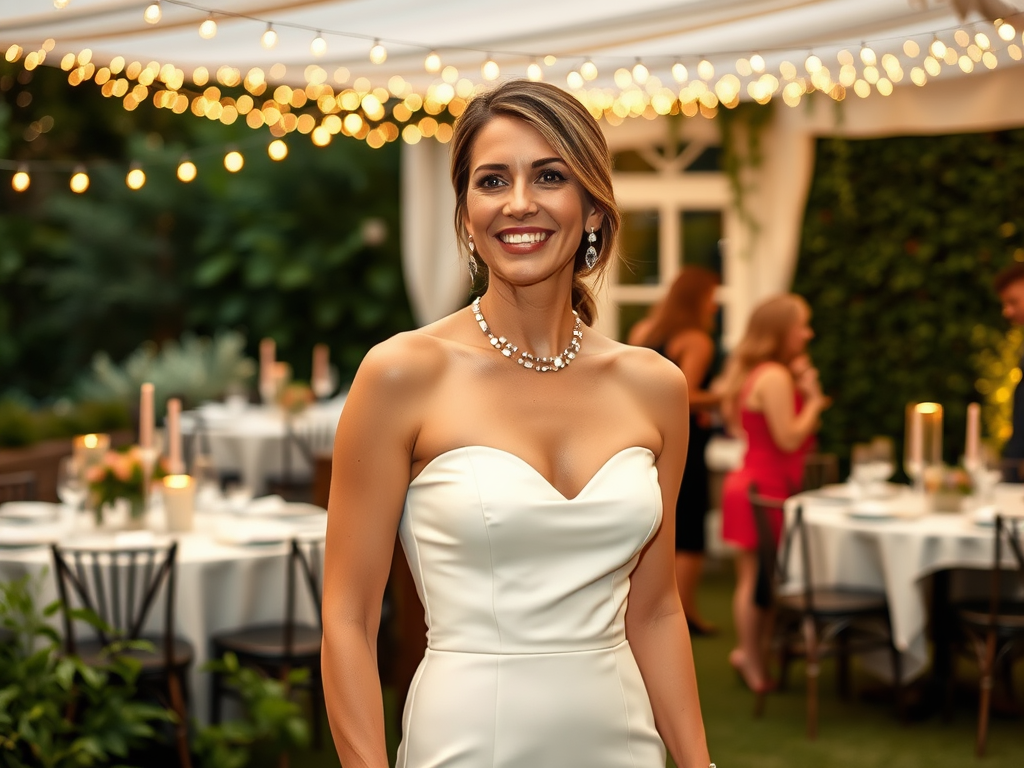 Une femme souriante en robe blanche se tient dans un cadre de fête élégante, entourée de lumières et d'invités.