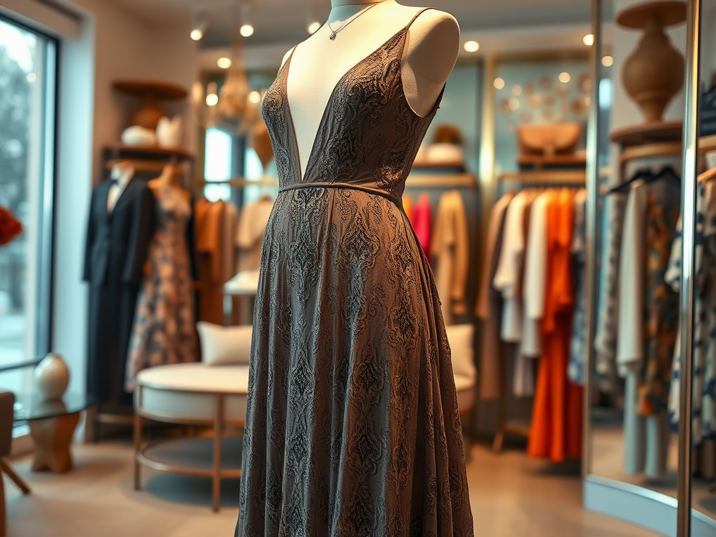 Une robe élégante en dentelle, exposée dans une boutique où se trouvent d'autres vêtements colorés.